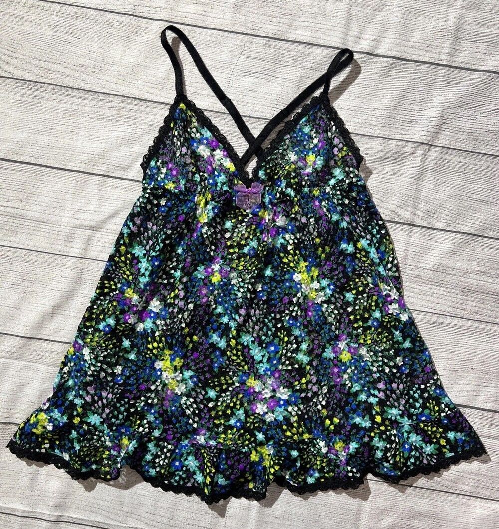VTG VICTORIA SECRET Babydoll Chemise Nightgown Floral Black Lace Nylon Sz M